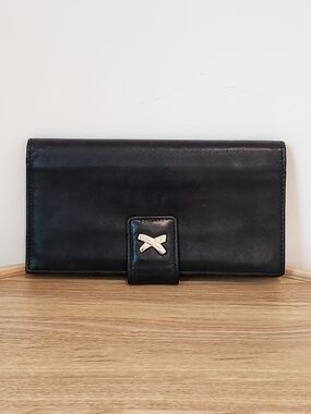 Paloma Picasso Vintage Black Leather Wallet with Silver Accent X Logo